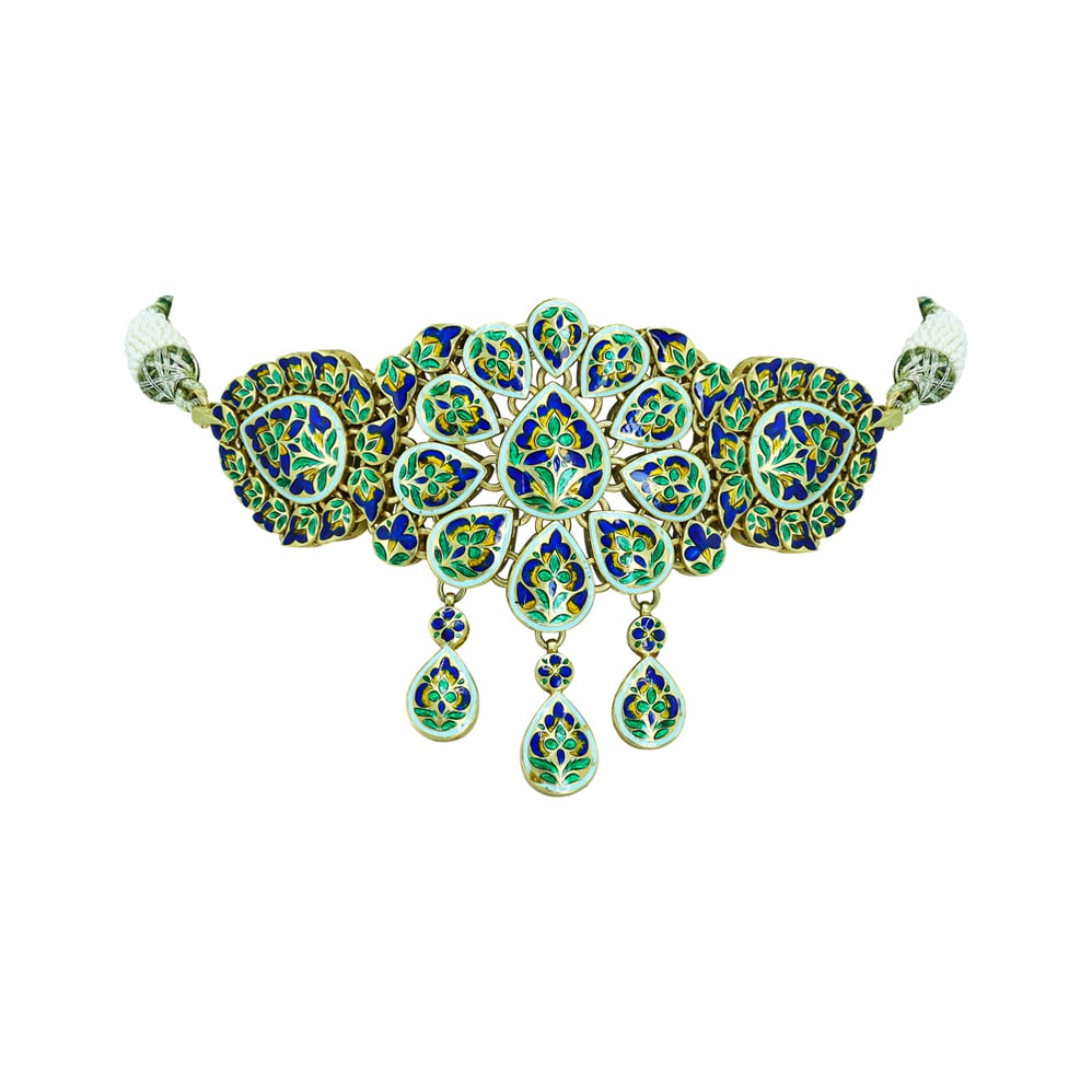 Polki Choker with Green Enamel, Floral Motif, and Teardrop Motif